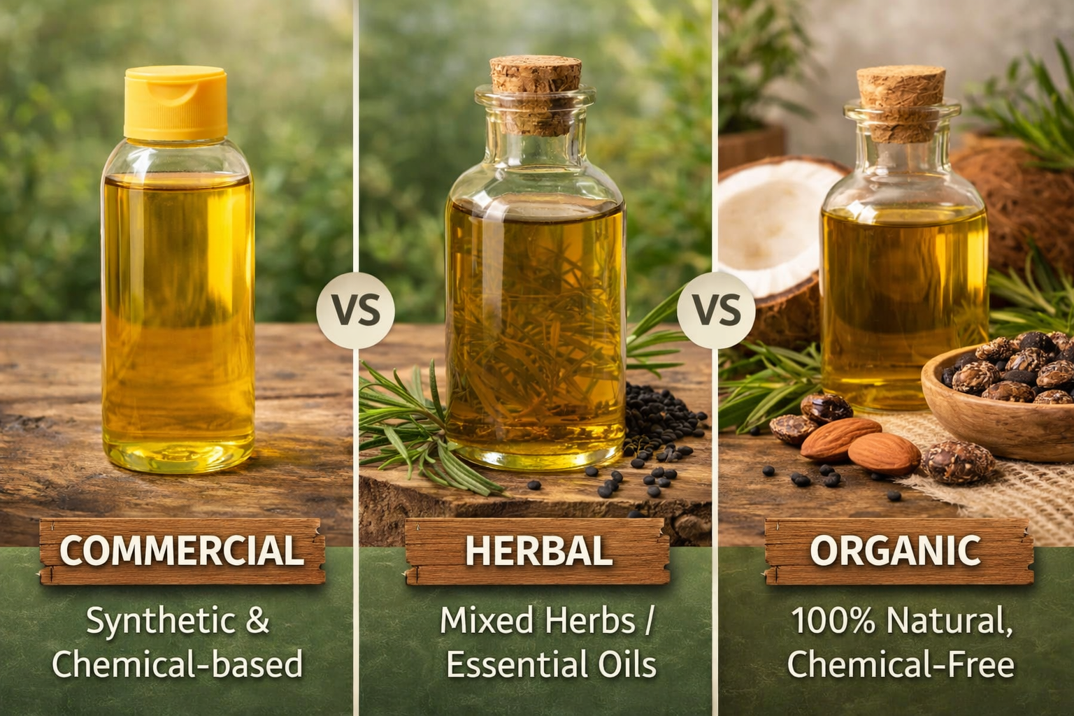Comparison: Commercial vs Herbal vs Organic Hair Oil